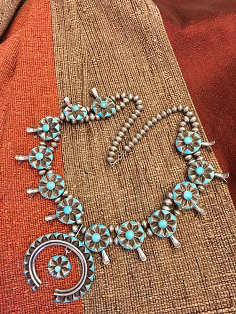 Kee Joe Benally Turquoise and Sterling Squash Blossom Necklace, c. 1960 In Excellent Condition In New York, NY