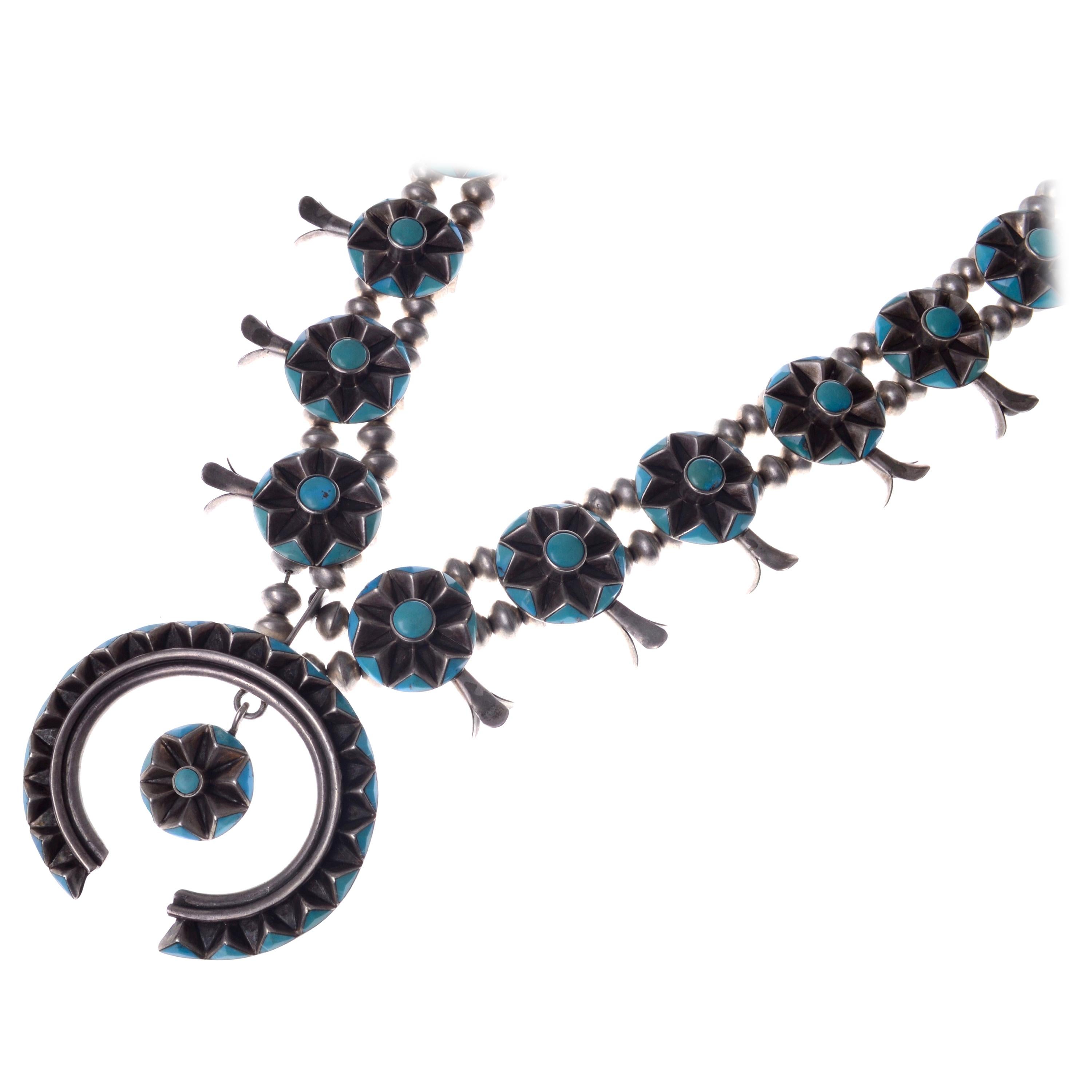 Kee Joe Benally Turquoise and Sterling Squash Blossom Necklace, c. 1960