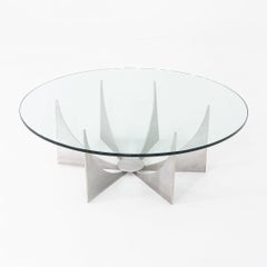 C. Mesa baja redonda de aluminio Donald Drumm de los años 60 con tapa de cristal