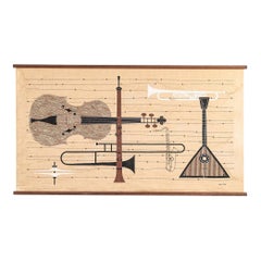 C. 1960s Ross F. Littell Linen Scroll Wall Hanging of Instruments, Example #1