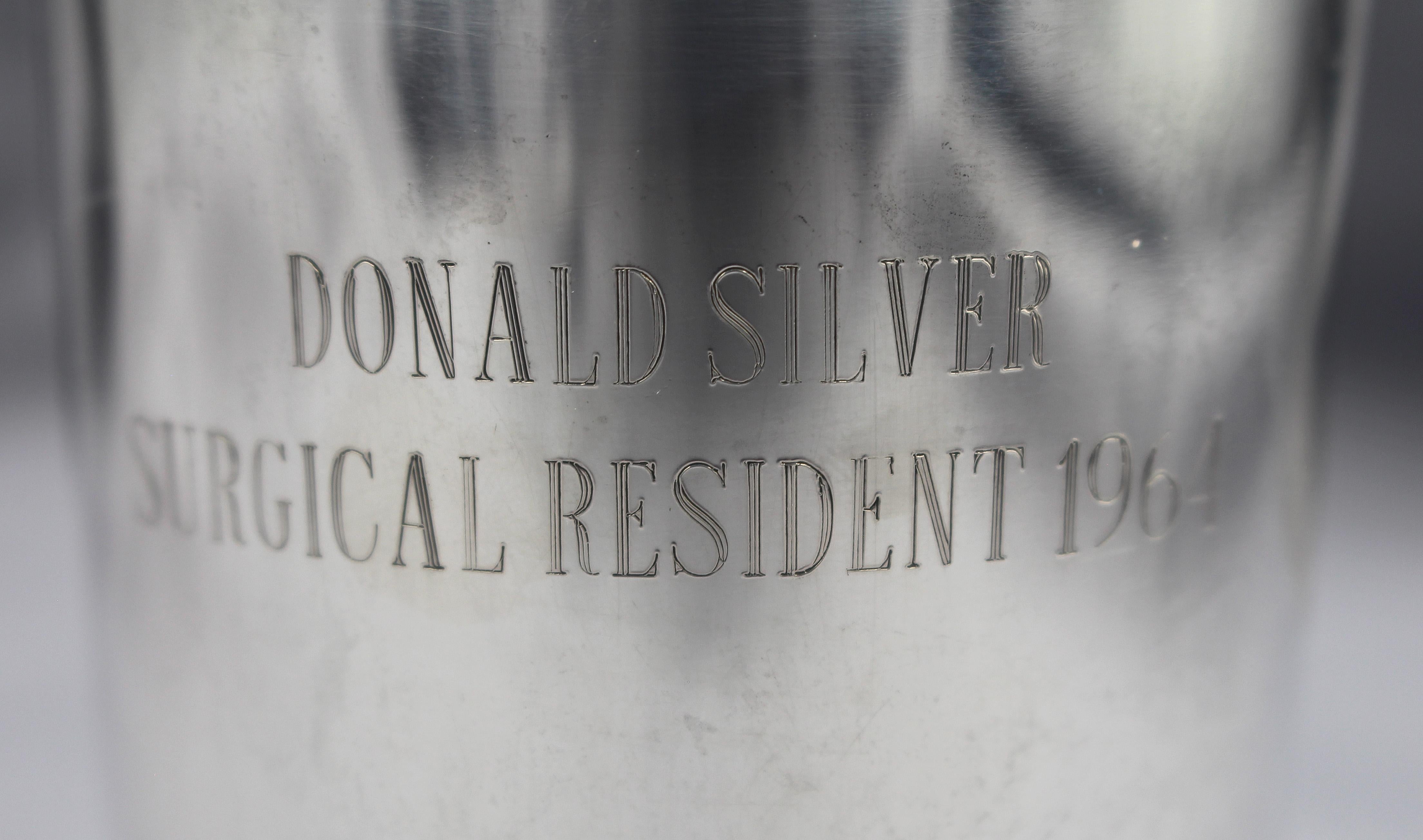Circa 1964 sterling mint julep cup by Manchester Silver Co. Engraved: Donald Silver, Surgical Resident, 1964. 3.95 troy oz.
3 5/8