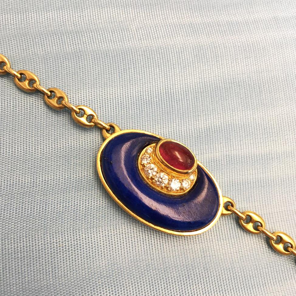 Bulgari Lapis, Tourmaline, Diamond and Gold Pendant Necklace, circa 1970 In Excellent Condition In New York, NY