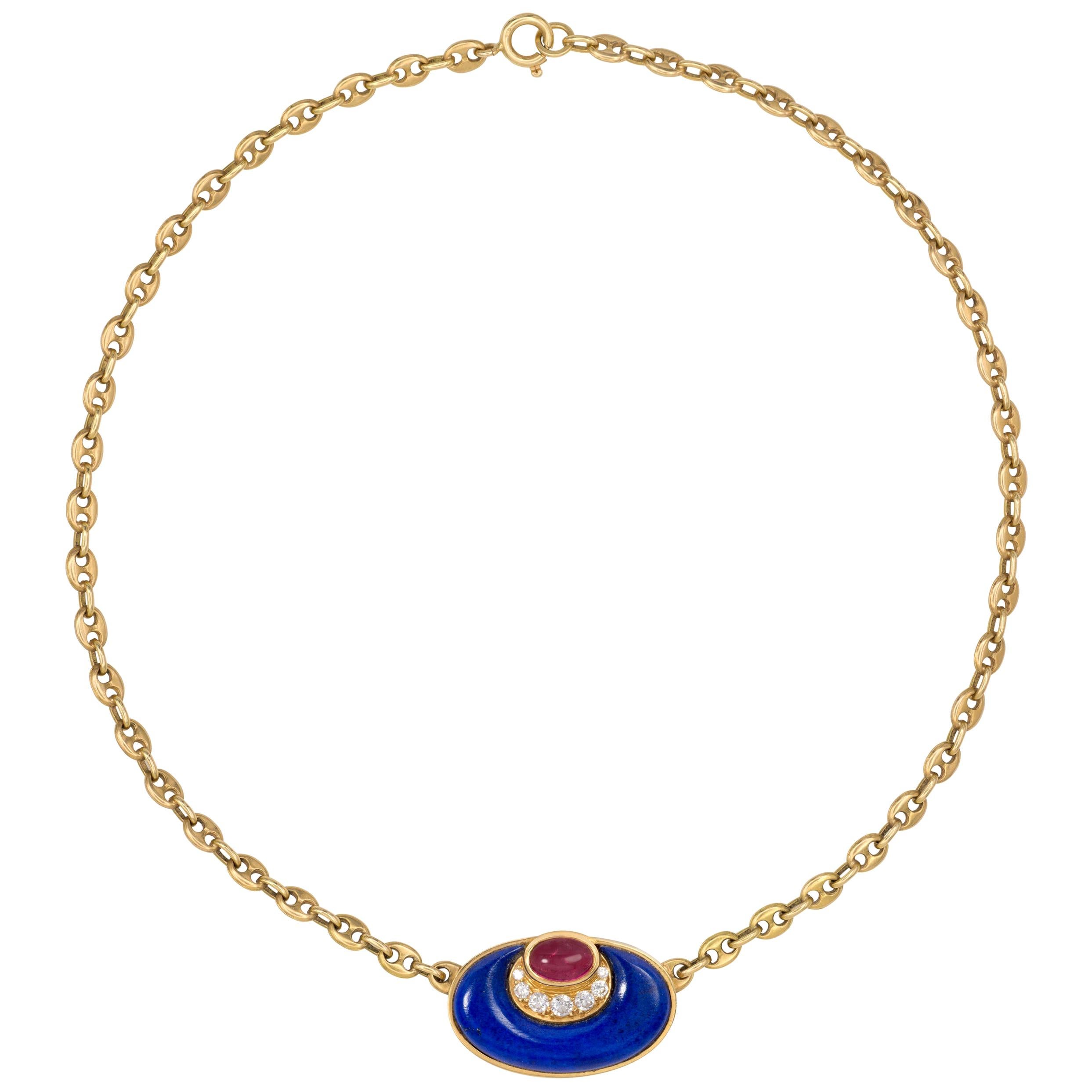 Bulgari Lapis, Tourmaline, Diamond and Gold Pendant Necklace, circa 1970