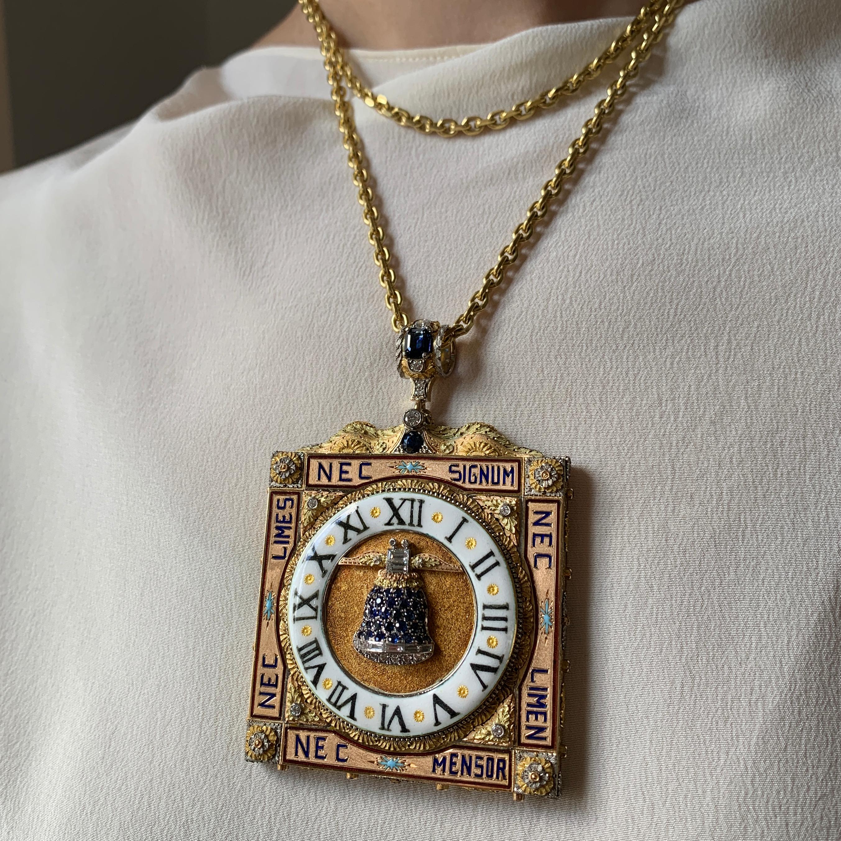 A diamond, sapphire, enamel, and 18 karat white, yellow, and rose gold clock pendant, by the house of Cazzaniga, c. 1970, Italy. Signed Cazzaniga Roma 750, Italian Hallmarks. A hand made work of exceptional manufacture, impressive scale and