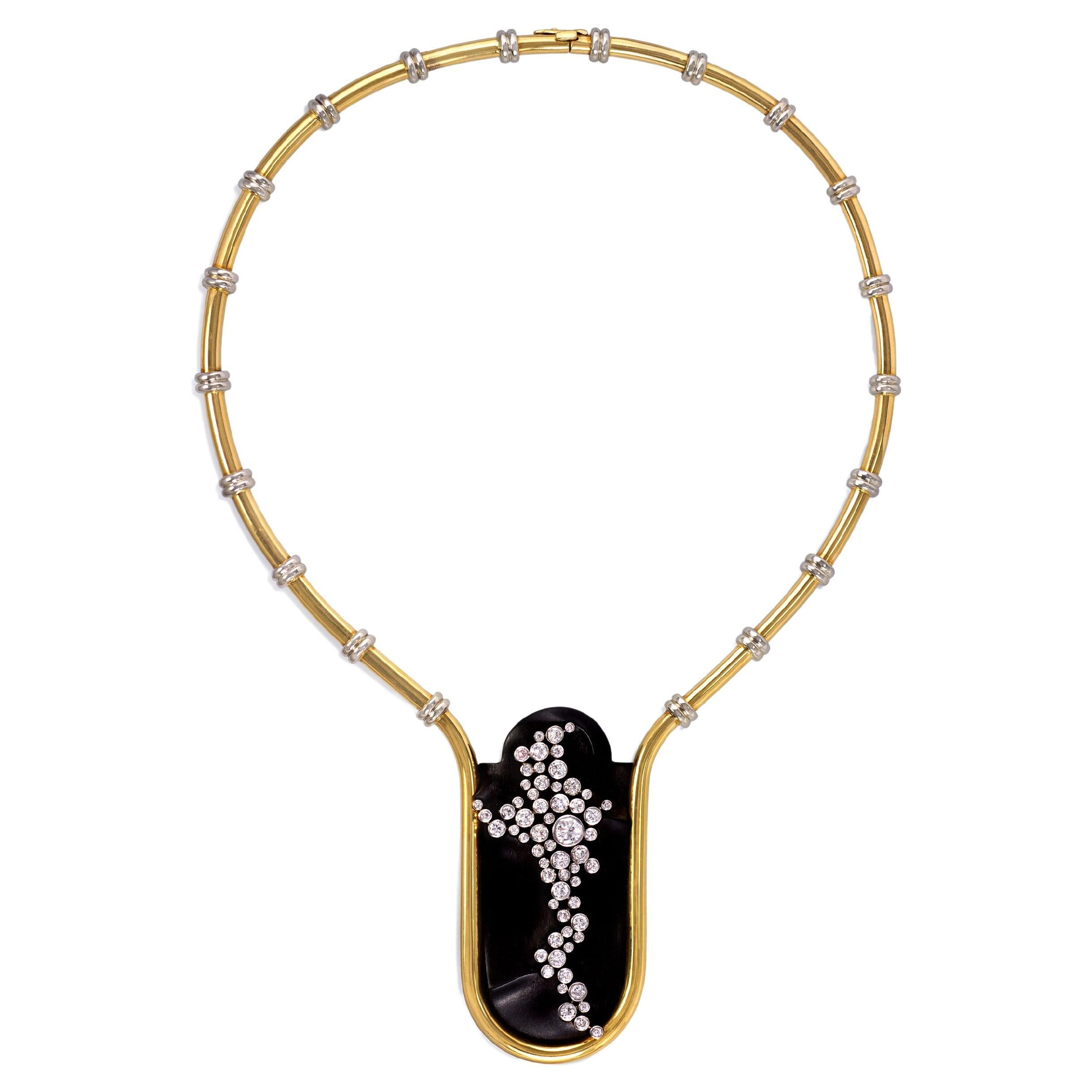 Modernistische Halskette aus Holz und Gold mit Diamanten, um 1970 