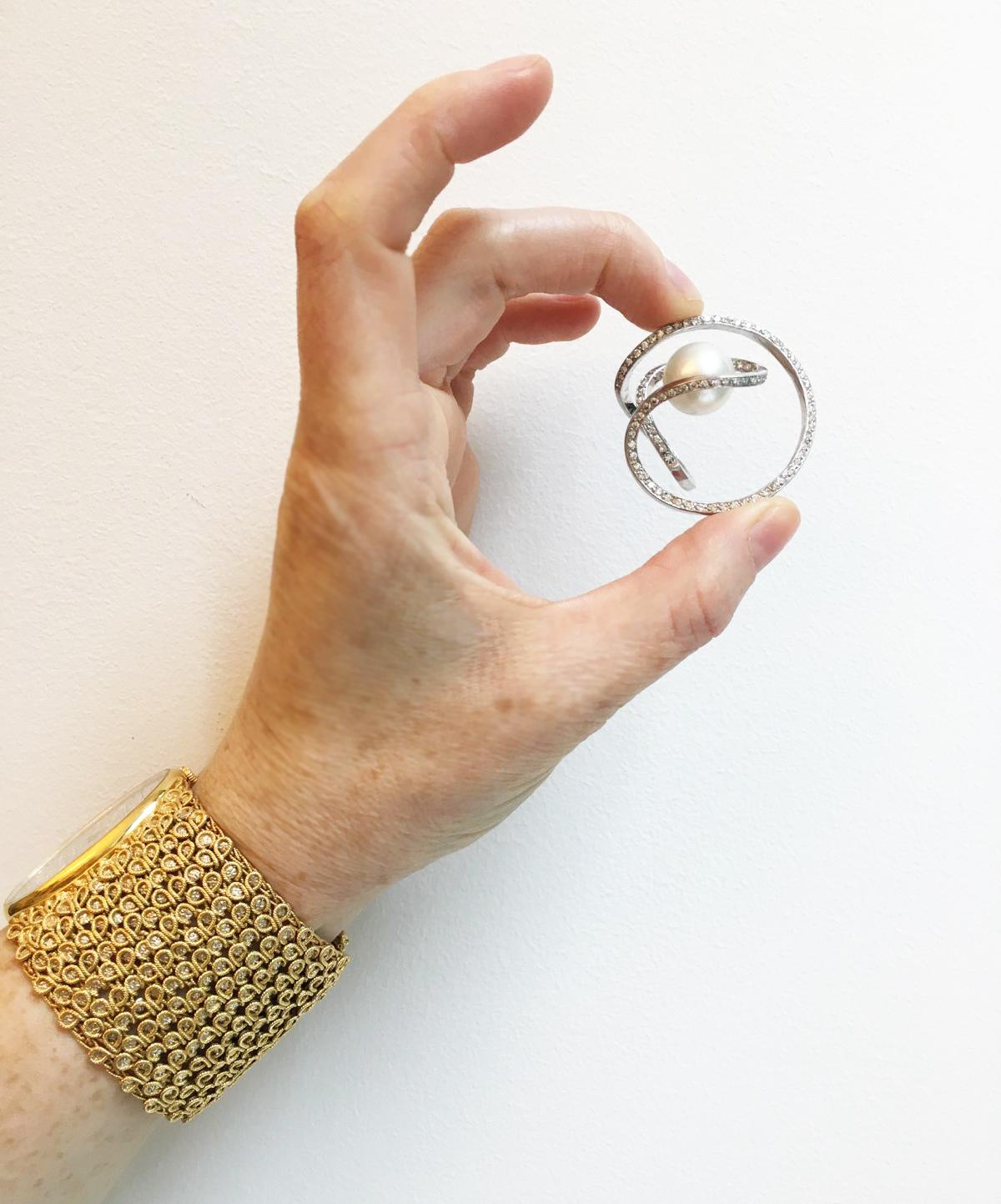 Modernist c. 1970 Jean Vendome Diamond, Pearl and White Gold Ring