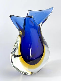 c. 1970 Murano Sommerso Art Glass Vase, Cobalt Blue & Amber, Italy, 8.7 in