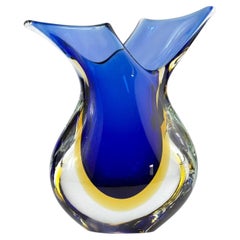 c. 1970 Murano Sommerso Art Glass Vase, Cobalt Blue & Amber, Italy, 8.7 in