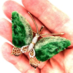 Vintage Jade & Diamonds Butterfly 14kt Gold Enhancer Pendant or Pin, circa 1970