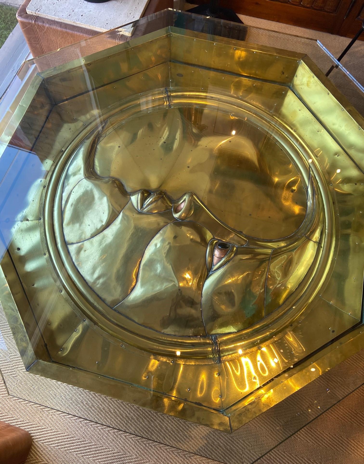 Hand-Crafted Brass Cladded Octagonal Moon Table by Sergio Bustamante, circa 1970s  For Sale