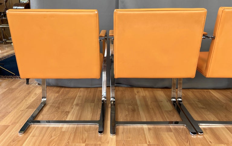 C. 1970s, Four Gordon International Flat Bar Brno Armchairs in Orange Leather For Sale 3
