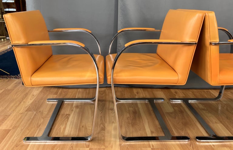 C. 1970s, Four Gordon International Flat Bar Brno Armchairs in Orange Leather For Sale 6