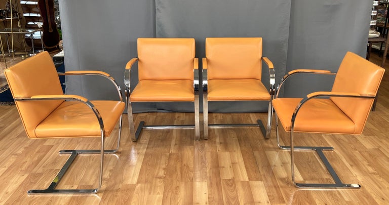 C. 1970s, Four Gordon International Flat Bar Brno Armchairs in Orange Leather For Sale 10