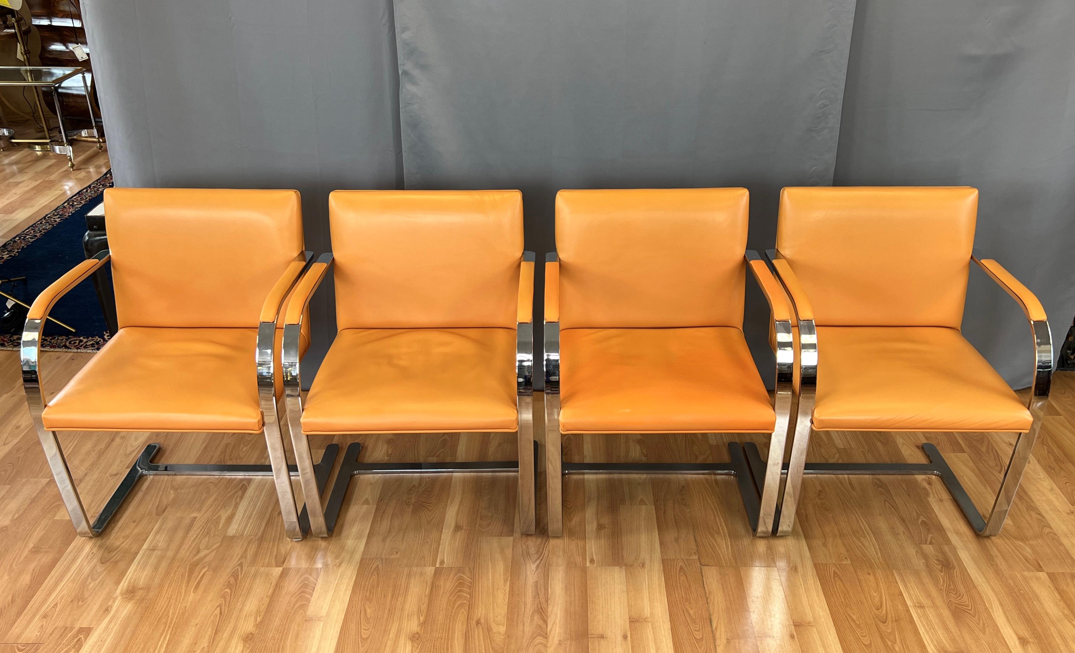 Mid-Century Modern C. 1970s, Four Gordon International Flat Bar Brno Armchairs in Orange Leather