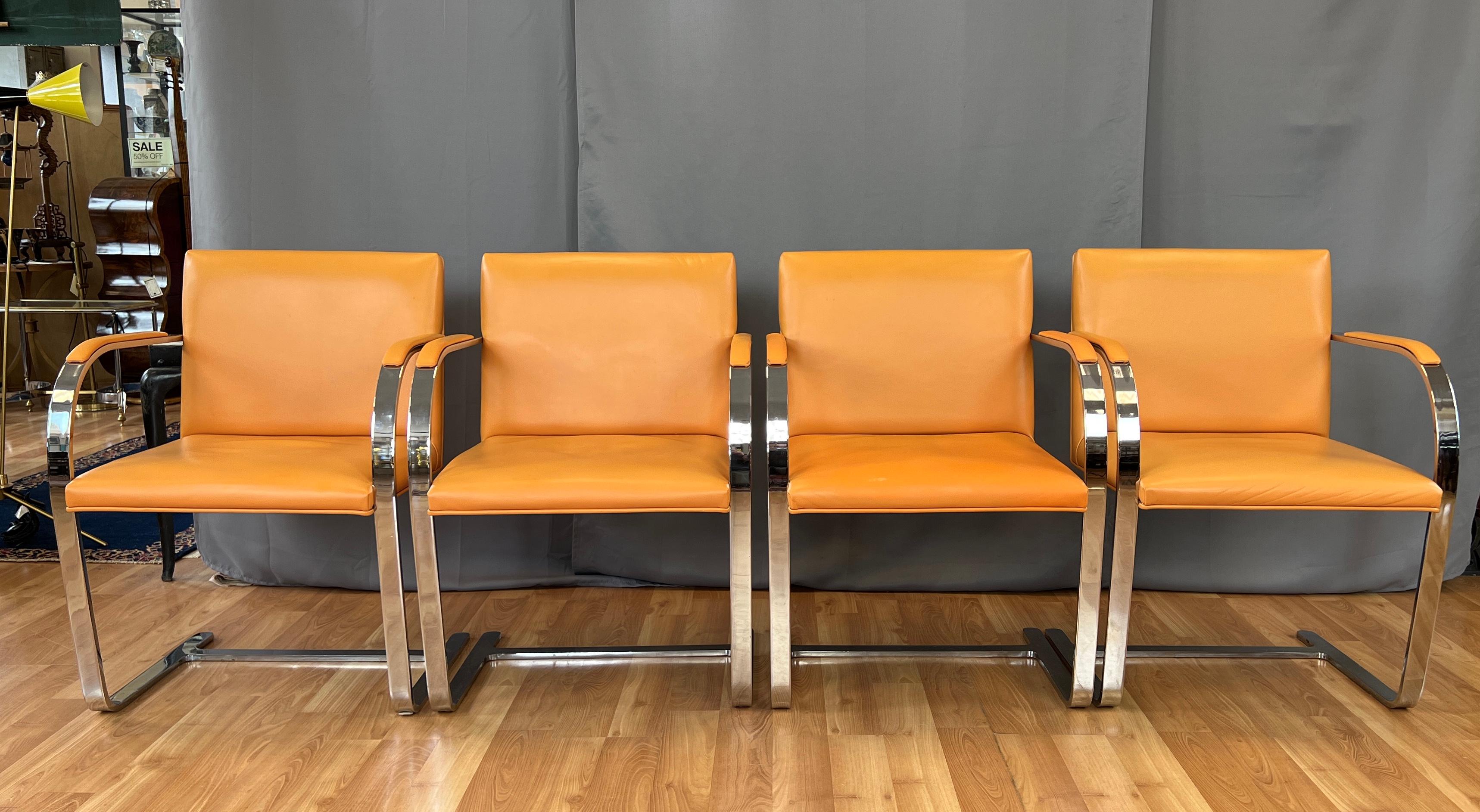 Argentine C. 1970s, Four Gordon International Flat Bar Brno Armchairs in Orange Leather