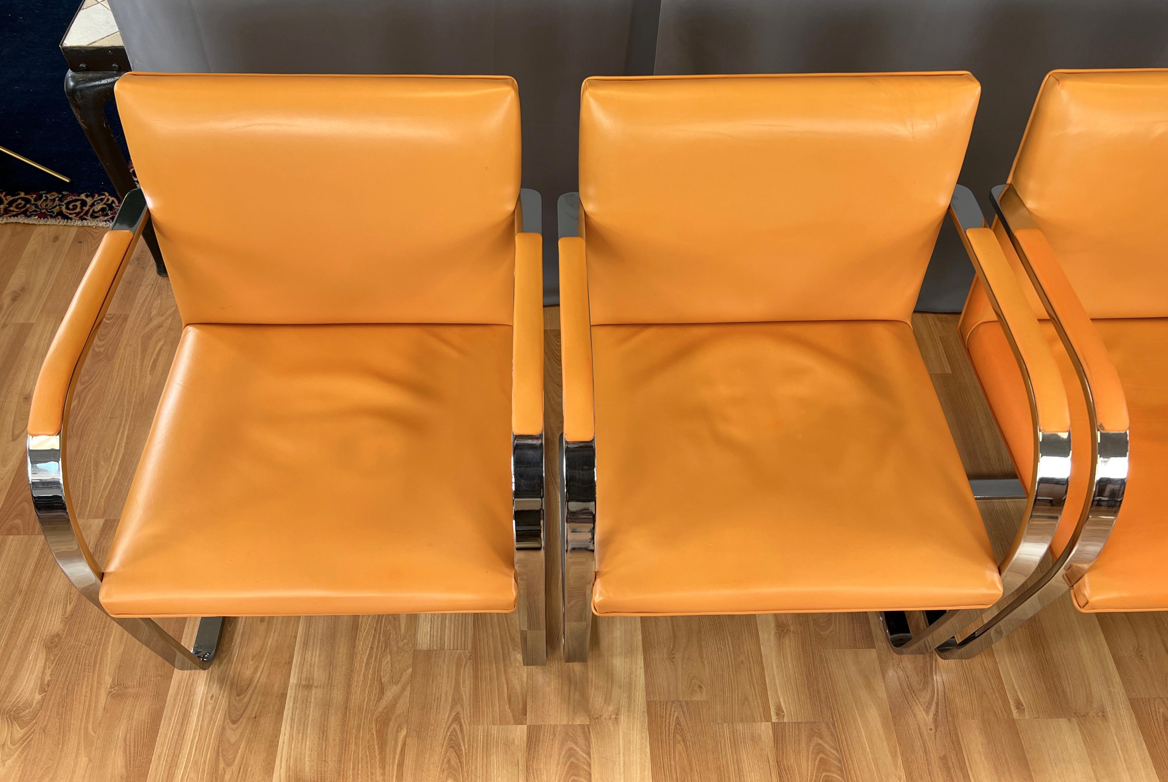 C. 1970s, Four Gordon International Flat Bar Brno Armchairs in Orange Leather In Good Condition In San Francisco, CA