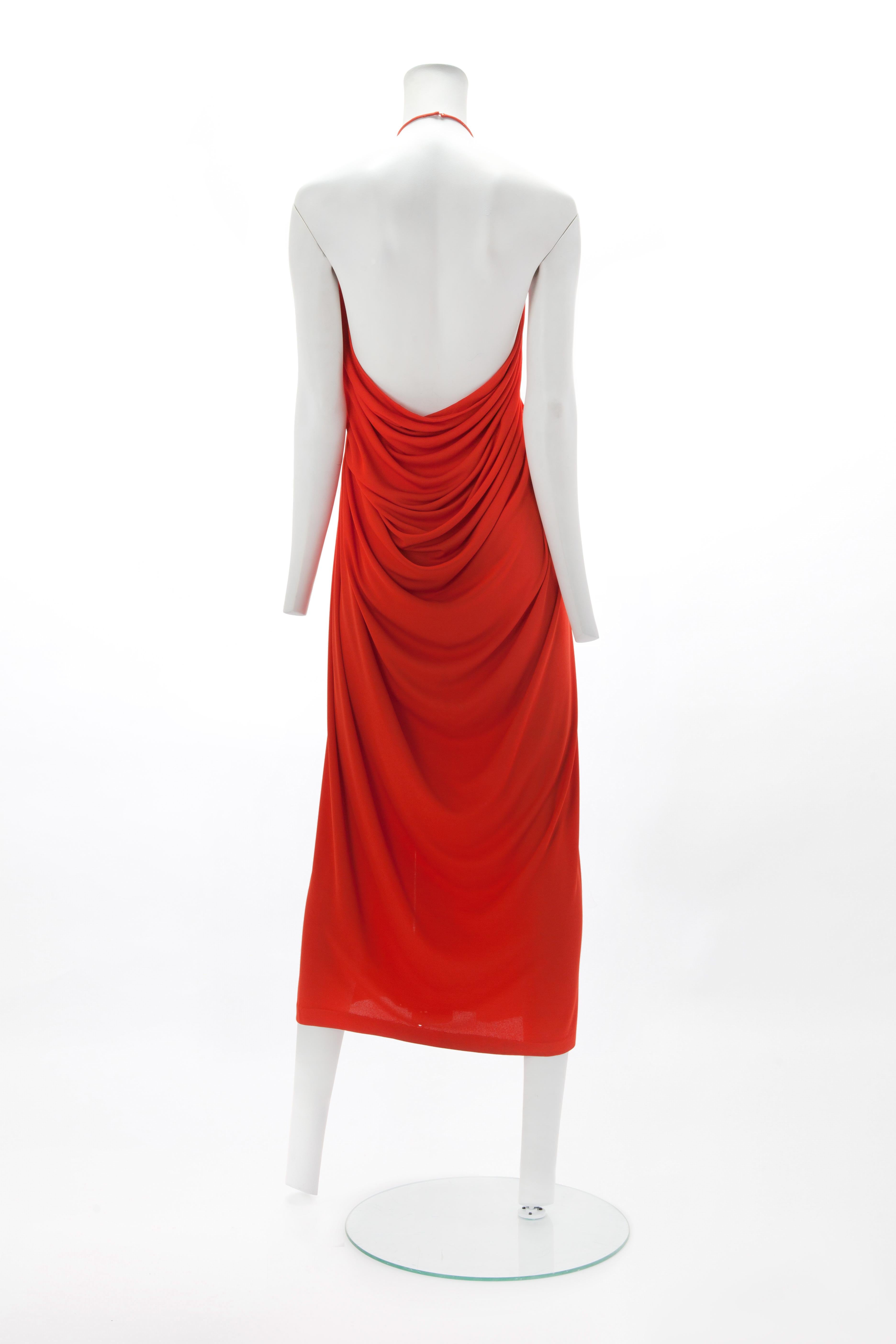 Red c. 1970s HALSTON Orange Matte Jersey Halter Dress with Matching Jacket
