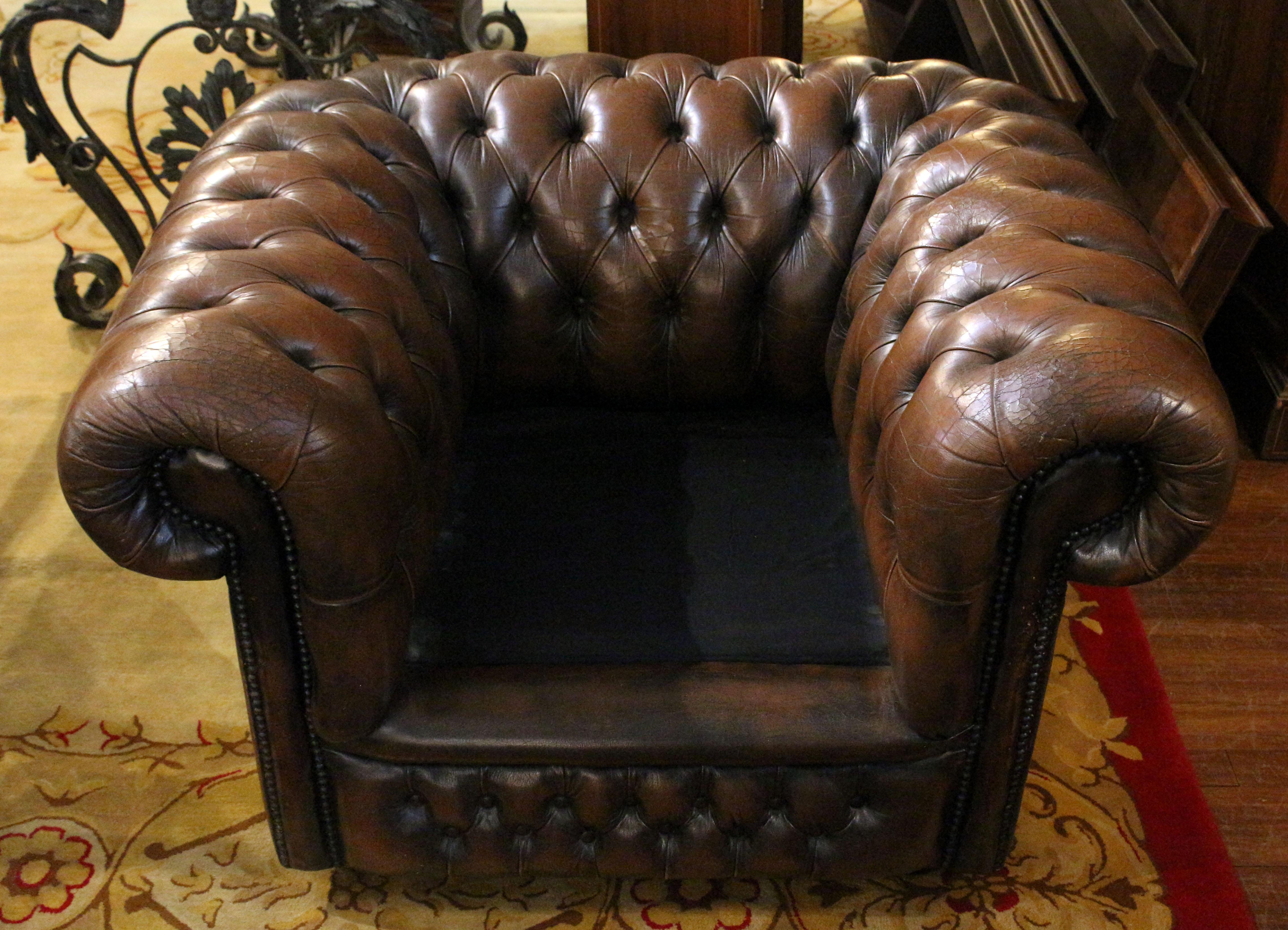 c. 1970s Pair of English Leather Chesterfield Club Chairs 2