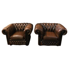 c. 1970s Pair of English Leather Chesterfield Club Chairs