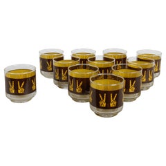 Vintage c. 1970s  Set of 11 Bar - Cocktail Glasses Iconic  "V"  Finger Peace Sign Motif