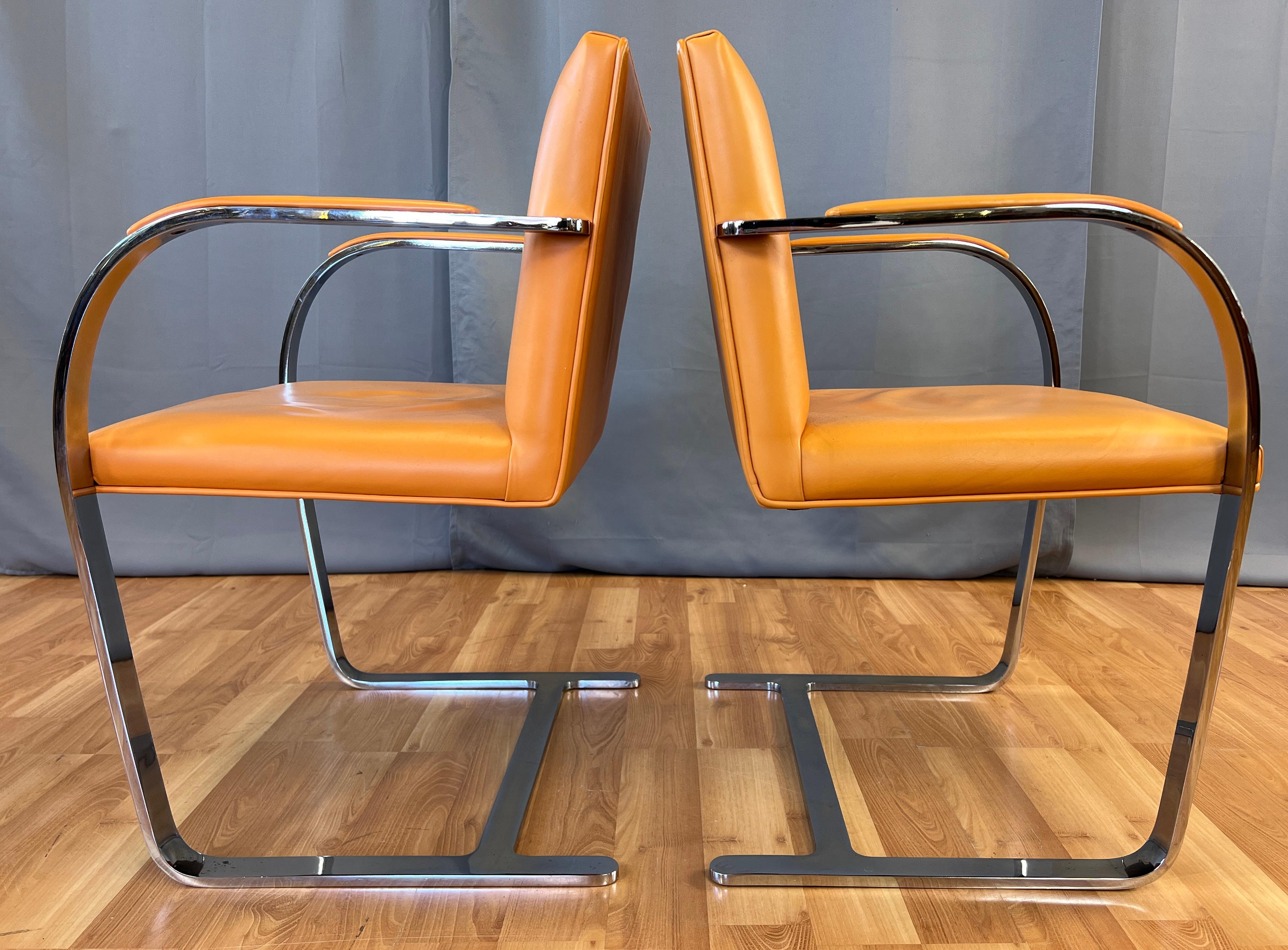 Late 20th Century Two Gordon International Flat Bar Brno Armchairs in Orange Leather, circa 1970s
