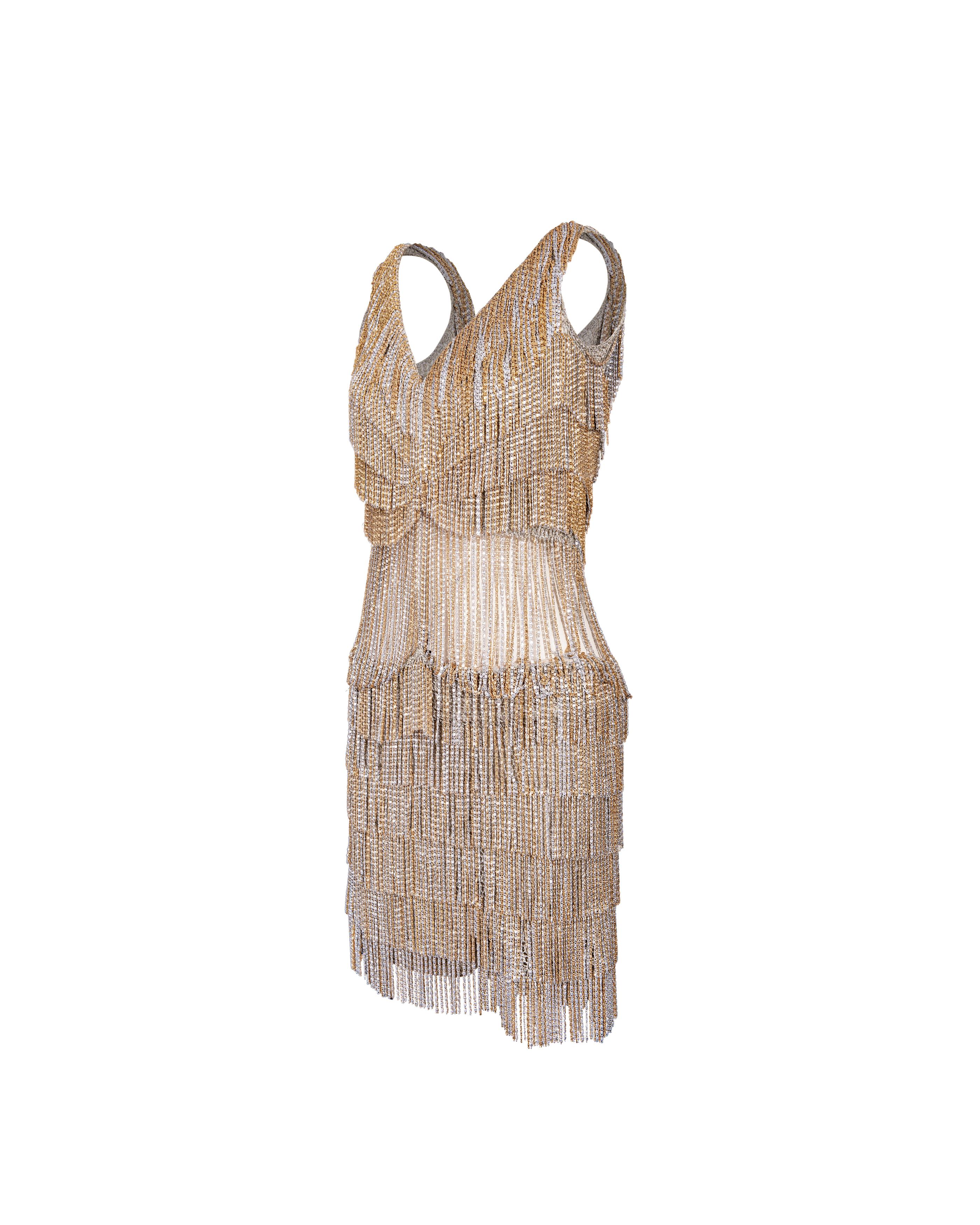 c. 1971 Loris Azzaro Silver and Gold Chain Fringe Mini Dress In Good Condition For Sale In North Hollywood, CA