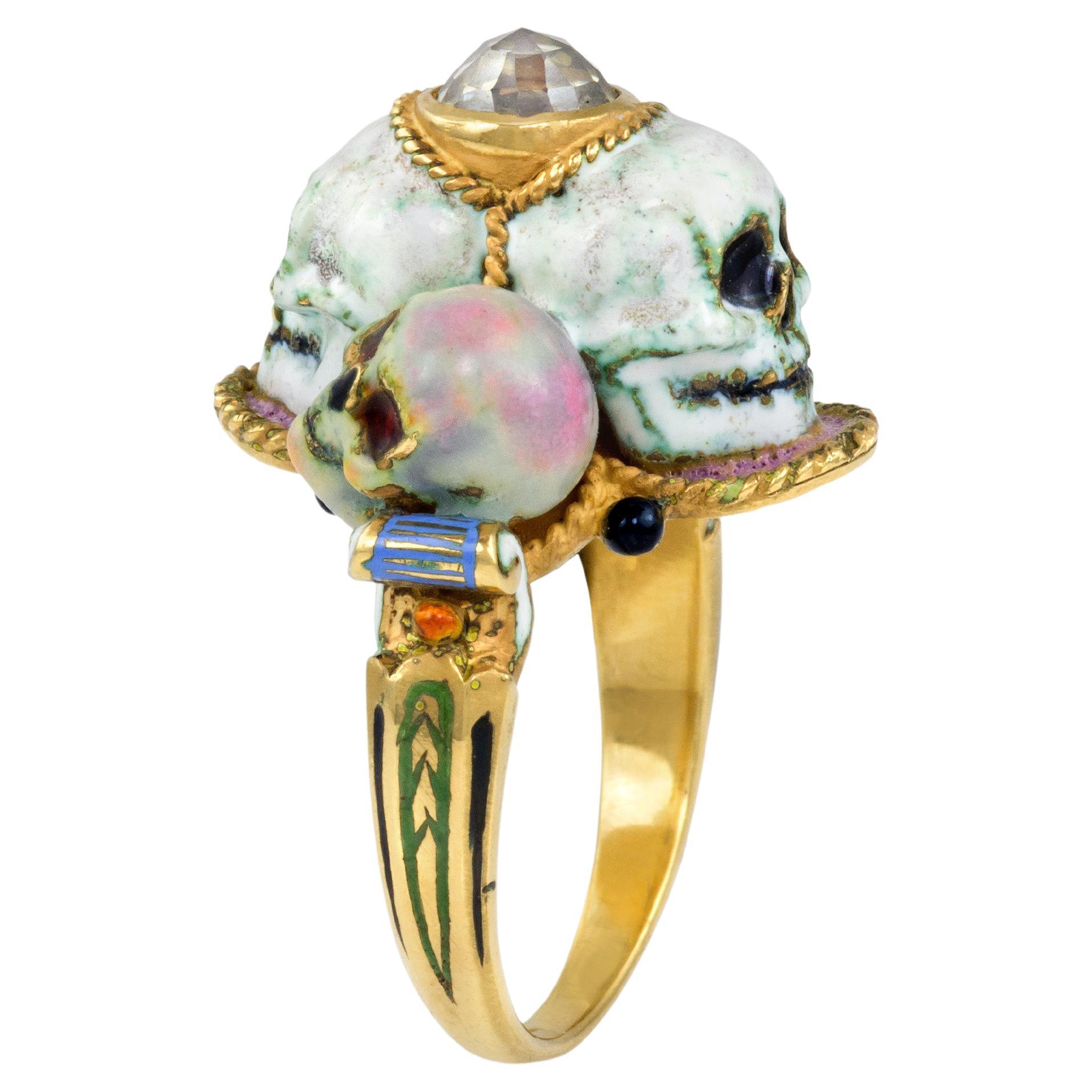 Attilio Codognato Diamond Enamel and Gold Four Headed Skull Ring Circa 1980 For Sale