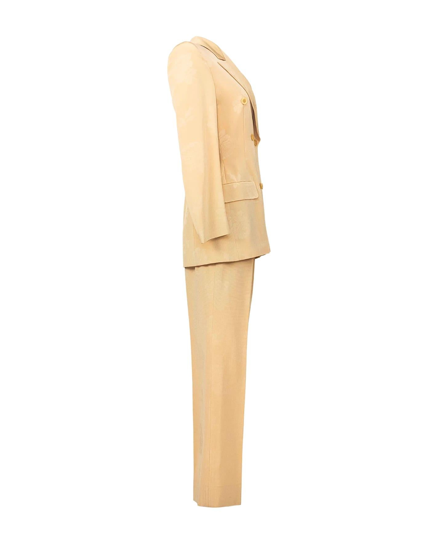 c. 1998 Givenchy Couture by Alexander McQueen peach-beige pant suit set with structured double-breasted jacket and trouser pant. Subtle floral pattern throughout. Grosgrain texture.

JACKET
Pit to Pit: 17.5
