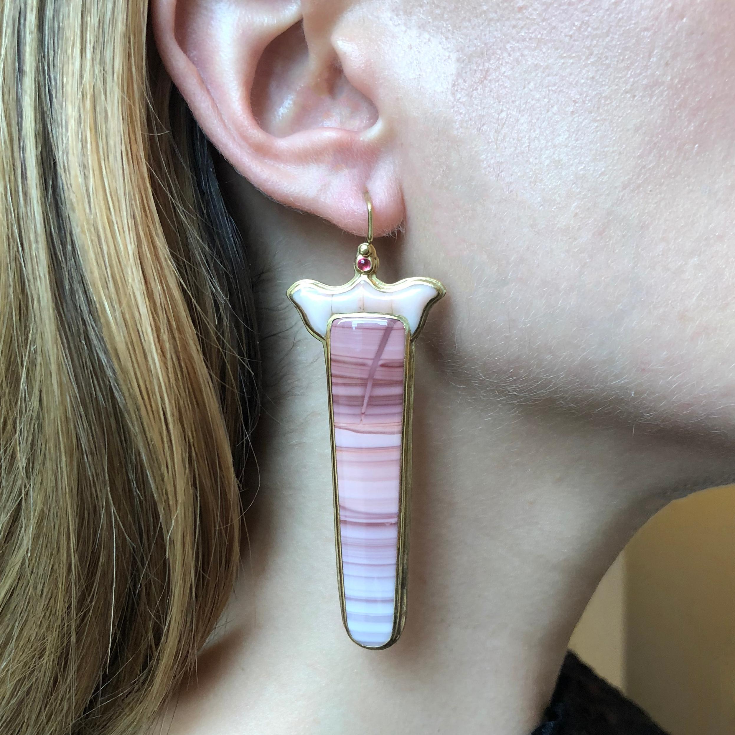 A pair of pink agate, pink tourmaline, and 18 karat gold 