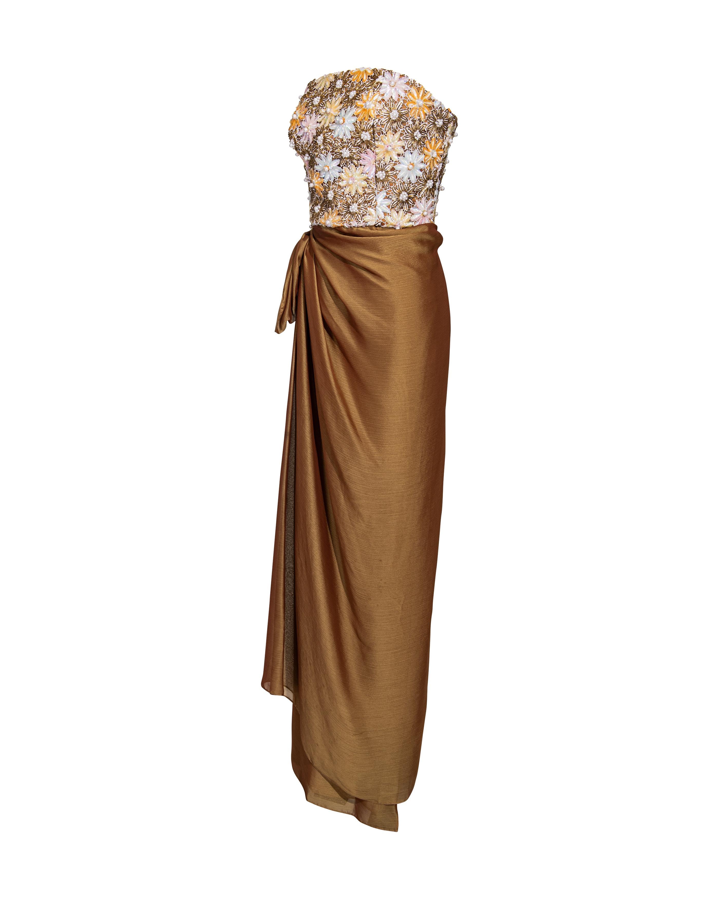 Women's c. 1991 Nina Ricci Embellished Copper Strapless Gown with Stole For Sale