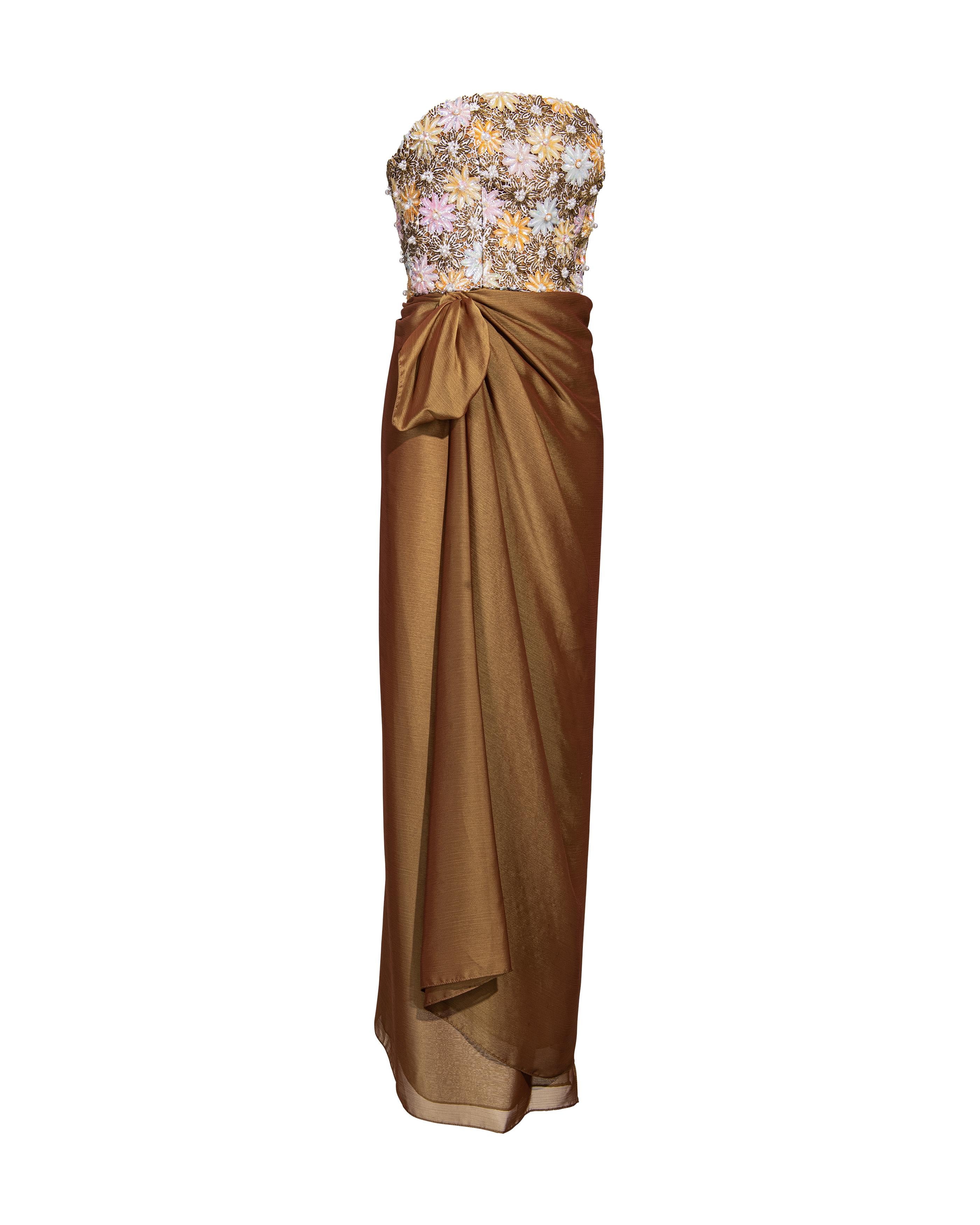 c. 1991 Nina Ricci Embellished Copper Strapless Gown with Stole 1
