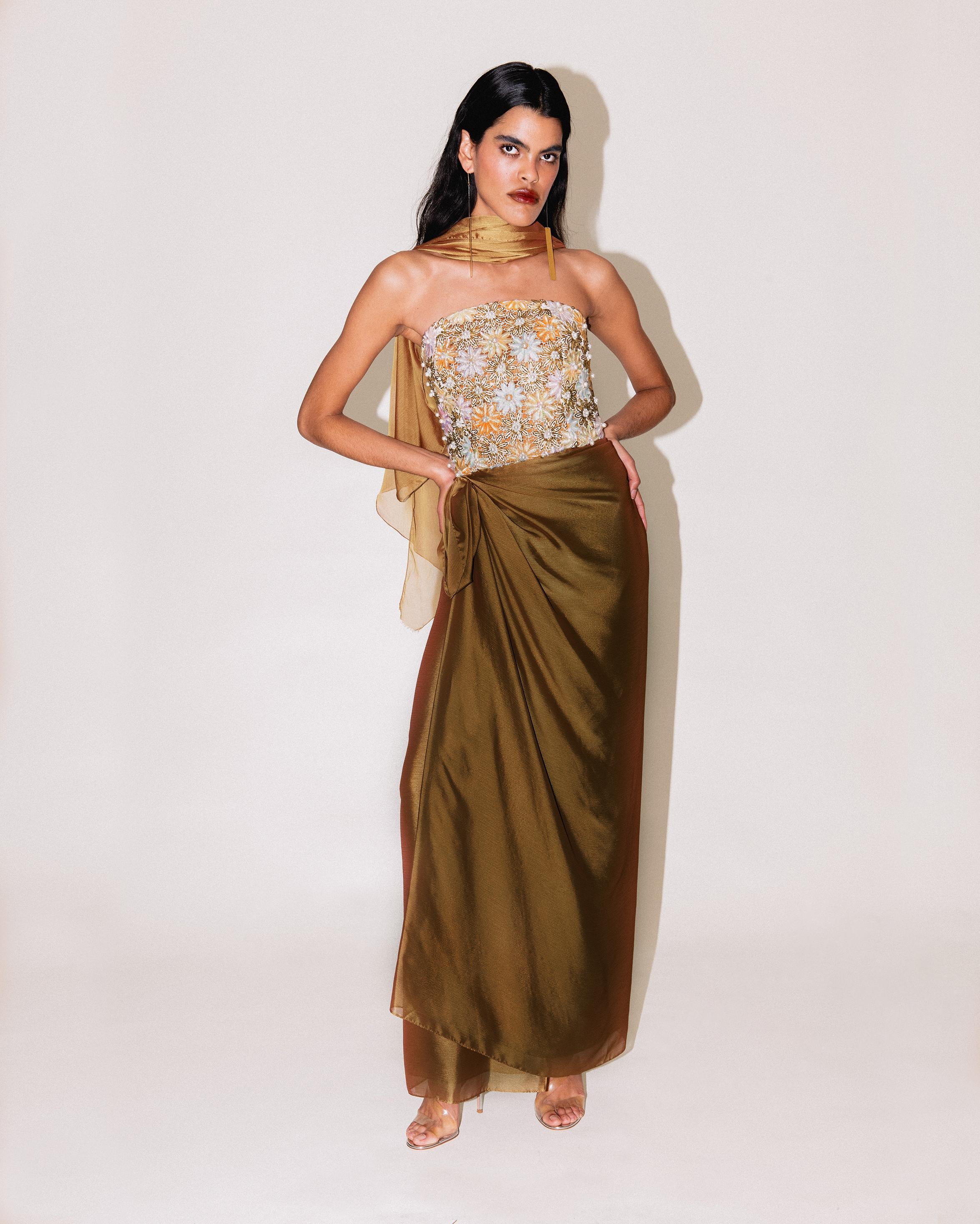 c. 1991 Nina Ricci Embellished Copper Strapless Gown with Stole 4