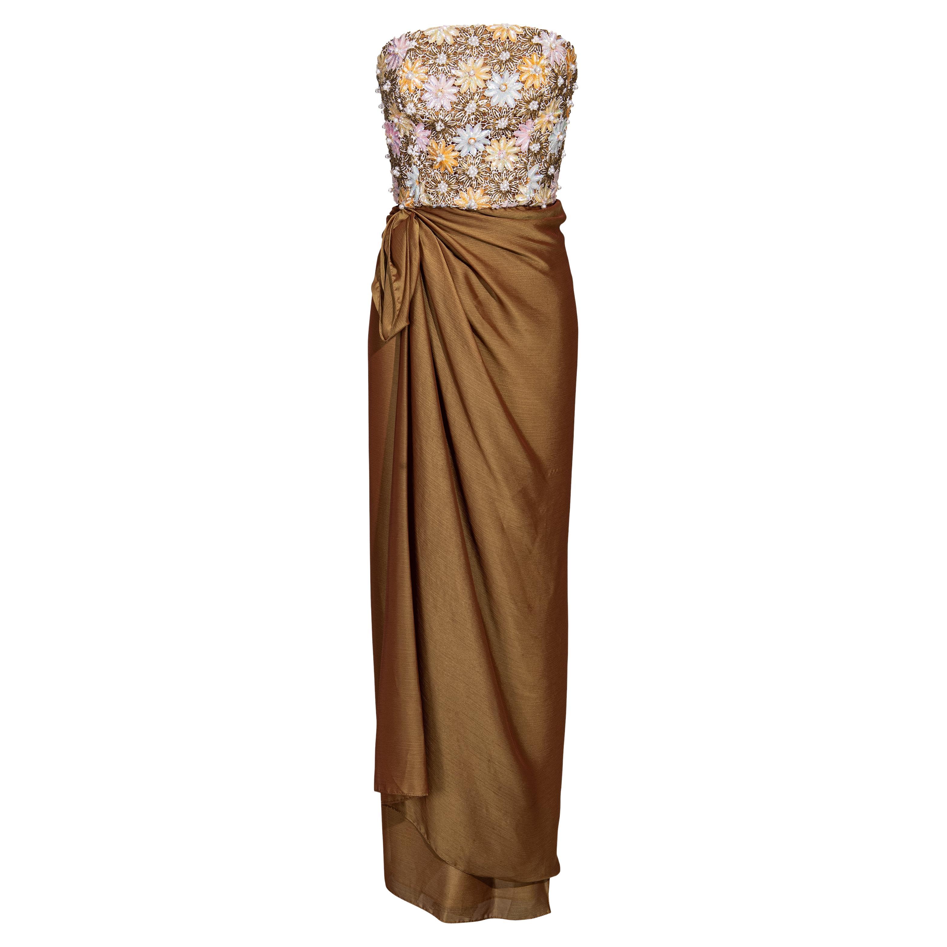 c. 1991 Nina Ricci Embellished Copper Strapless Gown with Stole For Sale