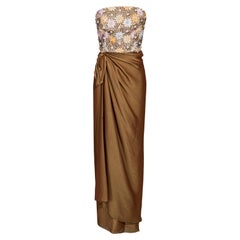 Vintage c. 1991 Nina Ricci Embellished Copper Strapless Gown with Stole