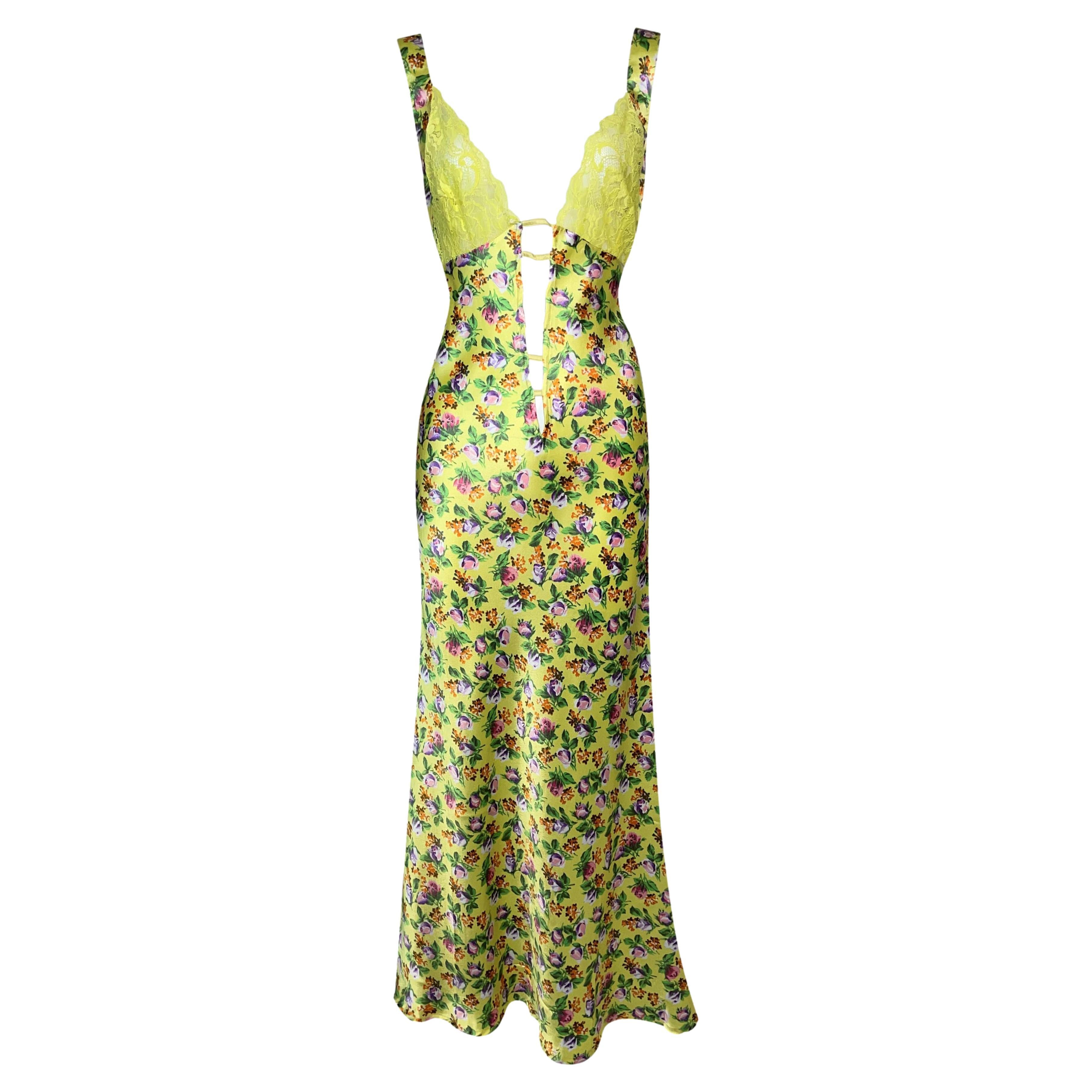 C. 1993 Gianni Versace Plunging Yellow Floral Satin Slip Gown Dress