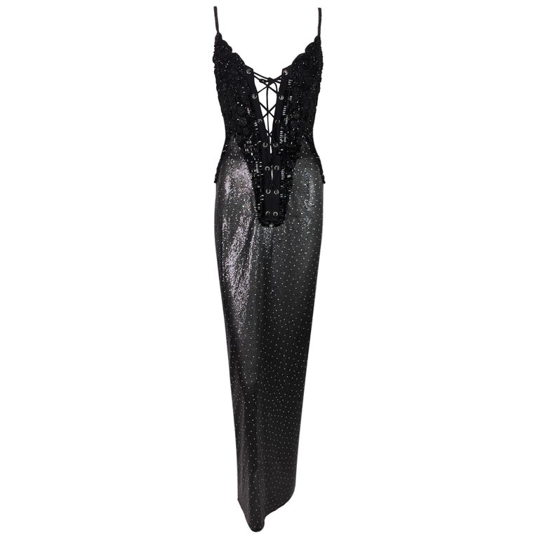 versace beaded dress c 1995 Gianni Versace Atelier Haute Couture Black Hand-Beaded Dress w Top  Stitched Bust main image 1