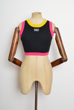 C. 1995 Dolce & Gabbana Black Pink & Yellow D&G Knit Vest - Crop Top