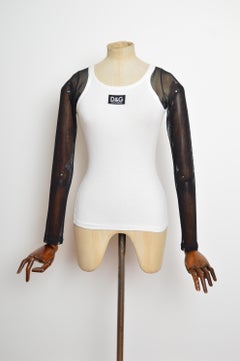 C. 1995 Dolce & Gabbana D&G White Tank Top with Black Mesh Sleeves