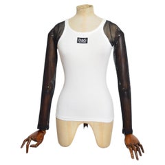 C. 1995 Dolce & Gabbana D&G White Tank Top with Black Mesh Sleeves