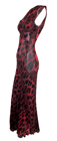 F/W 2001 Atelier Versace Sheer Red & Black Leopard Beaded Gown Dress
