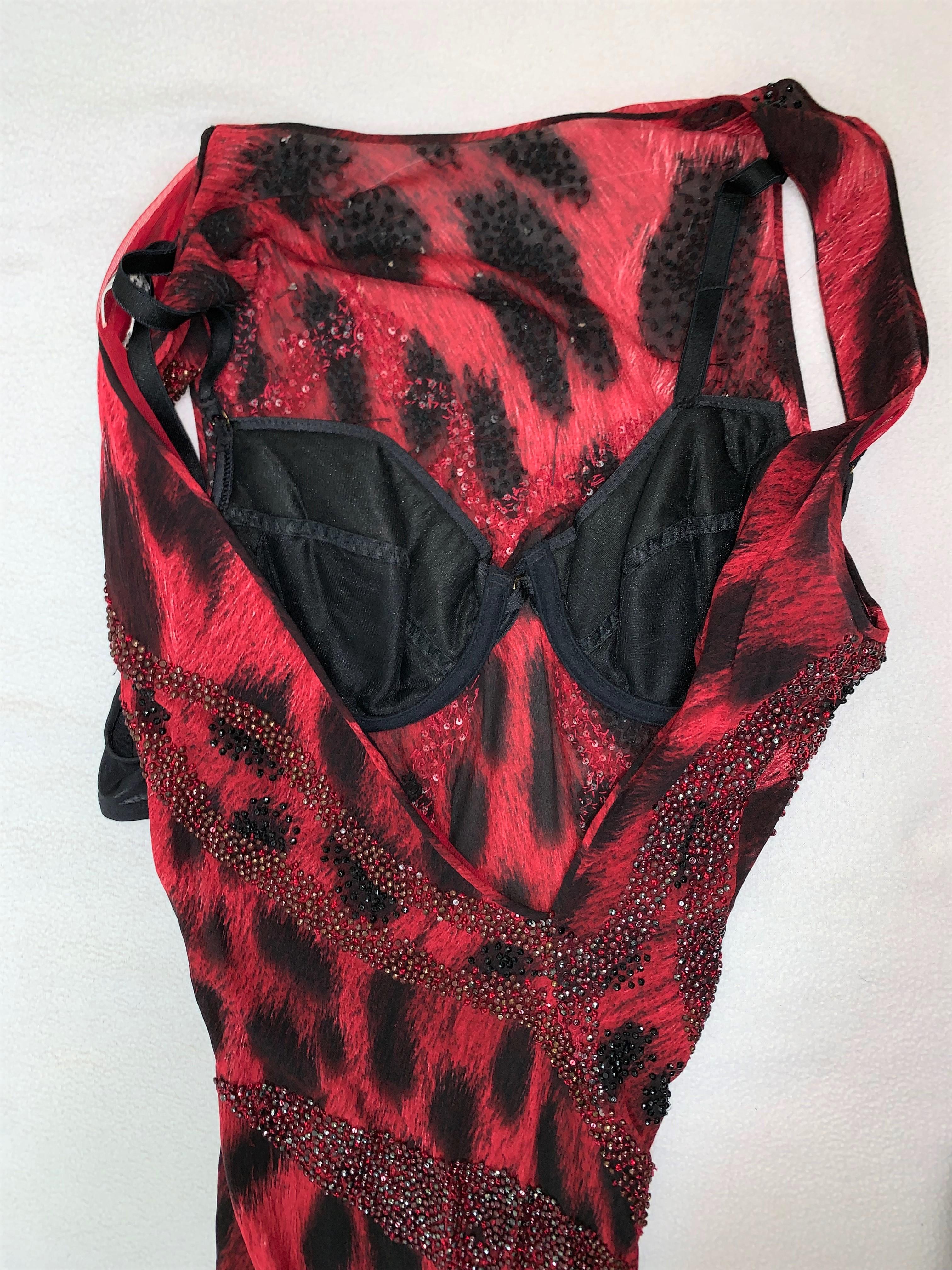 F/W 2001 Atelier Versace Sheer Red & Black Leopard Beaded Gown Dress In Good Condition In Yukon, OK