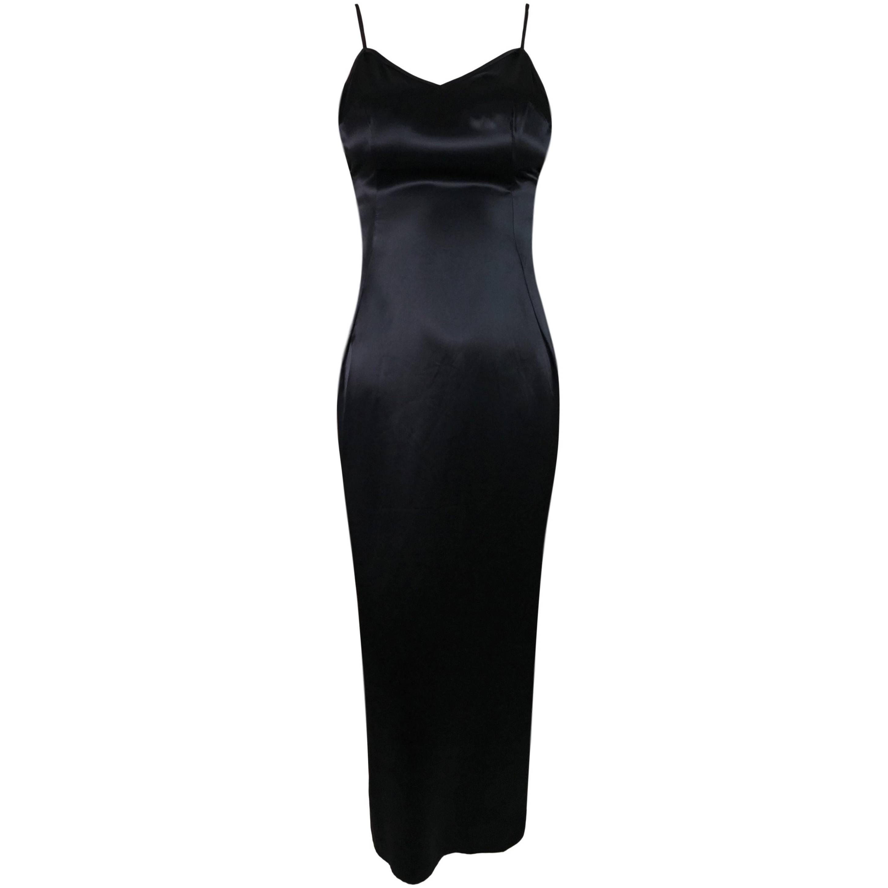 C. 1996 Dolce & Gabbana Black Silk Satin Slip Gown Dress XXS