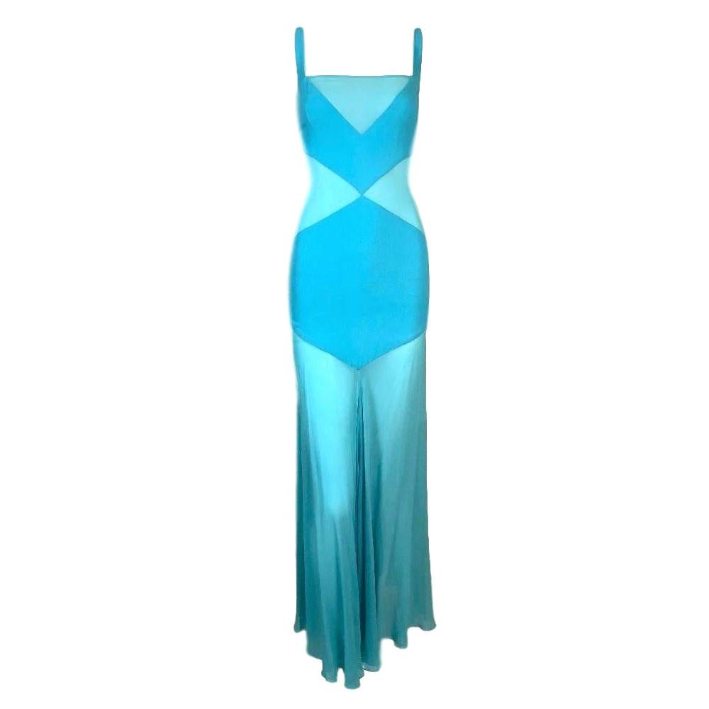 C. 1999 Gianni Versace Sheer Blue Silk Long Gown Dress at 1stDibs