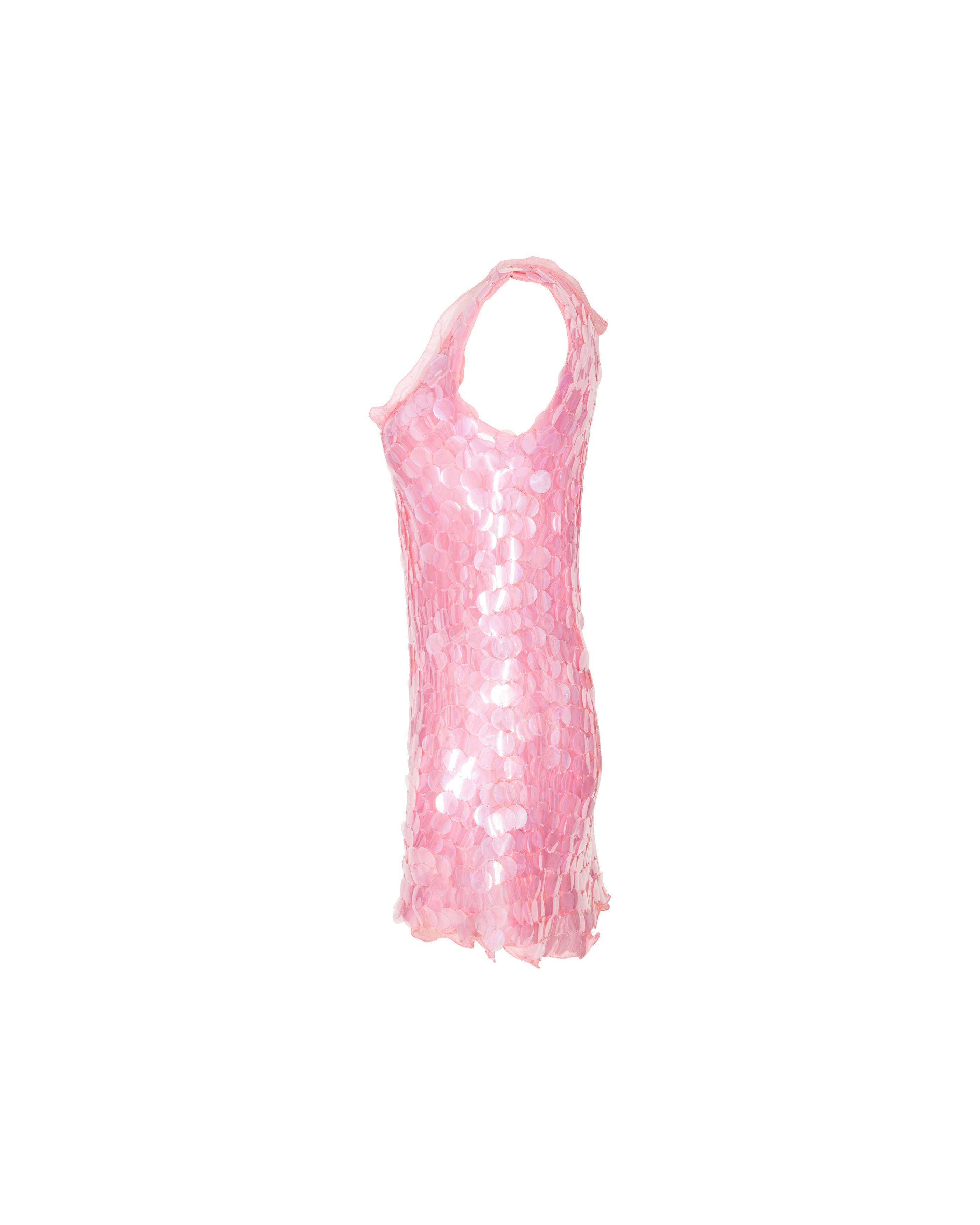 c. 1999 Prada by Miuccia Prada Pink Paillette Mini Dress In Good Condition In North Hollywood, CA