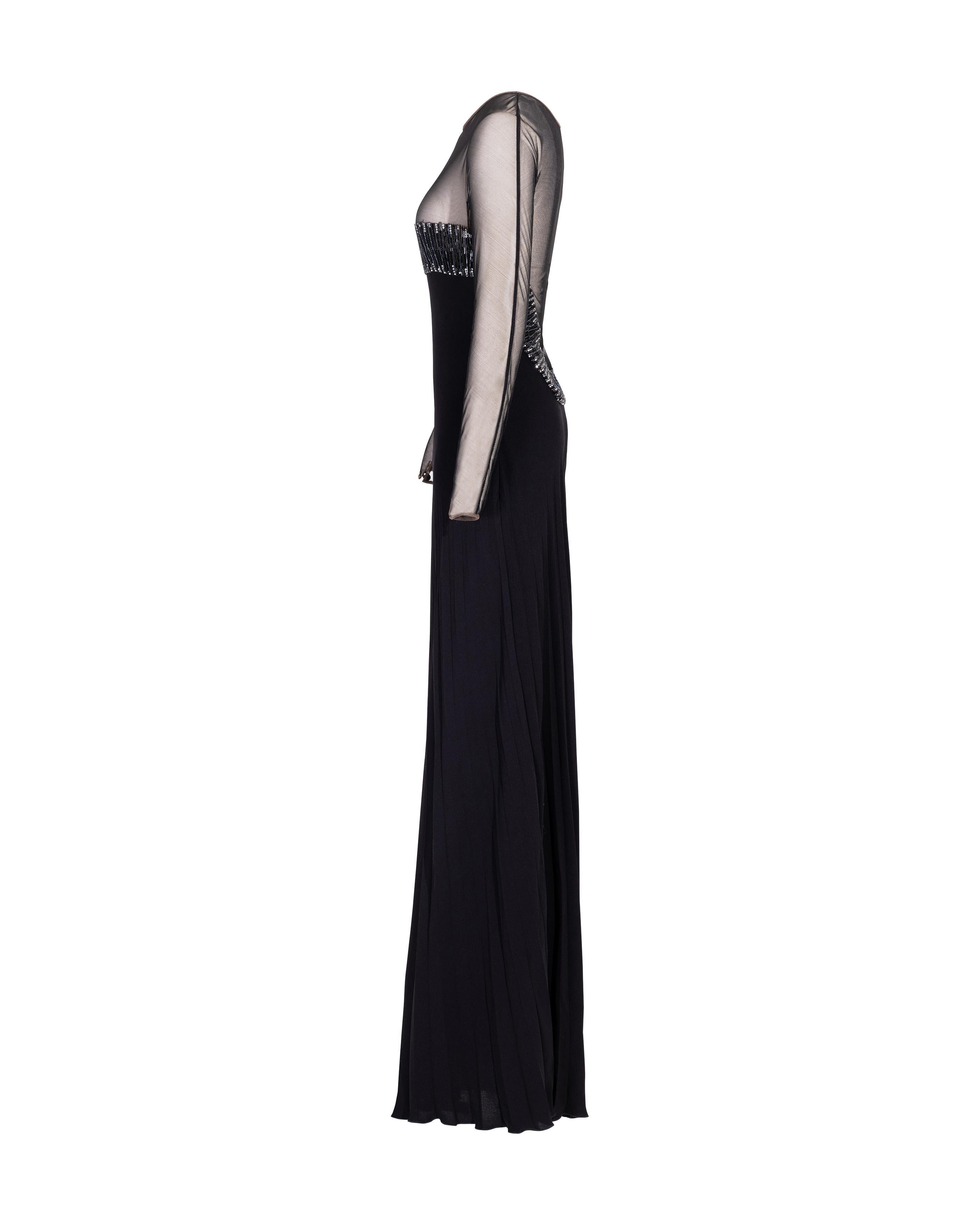 c. 1999 Valentino (Attributed) Black Long Sleeve Embellished Silk and Mesh Gown In Good Condition In North Hollywood, CA
