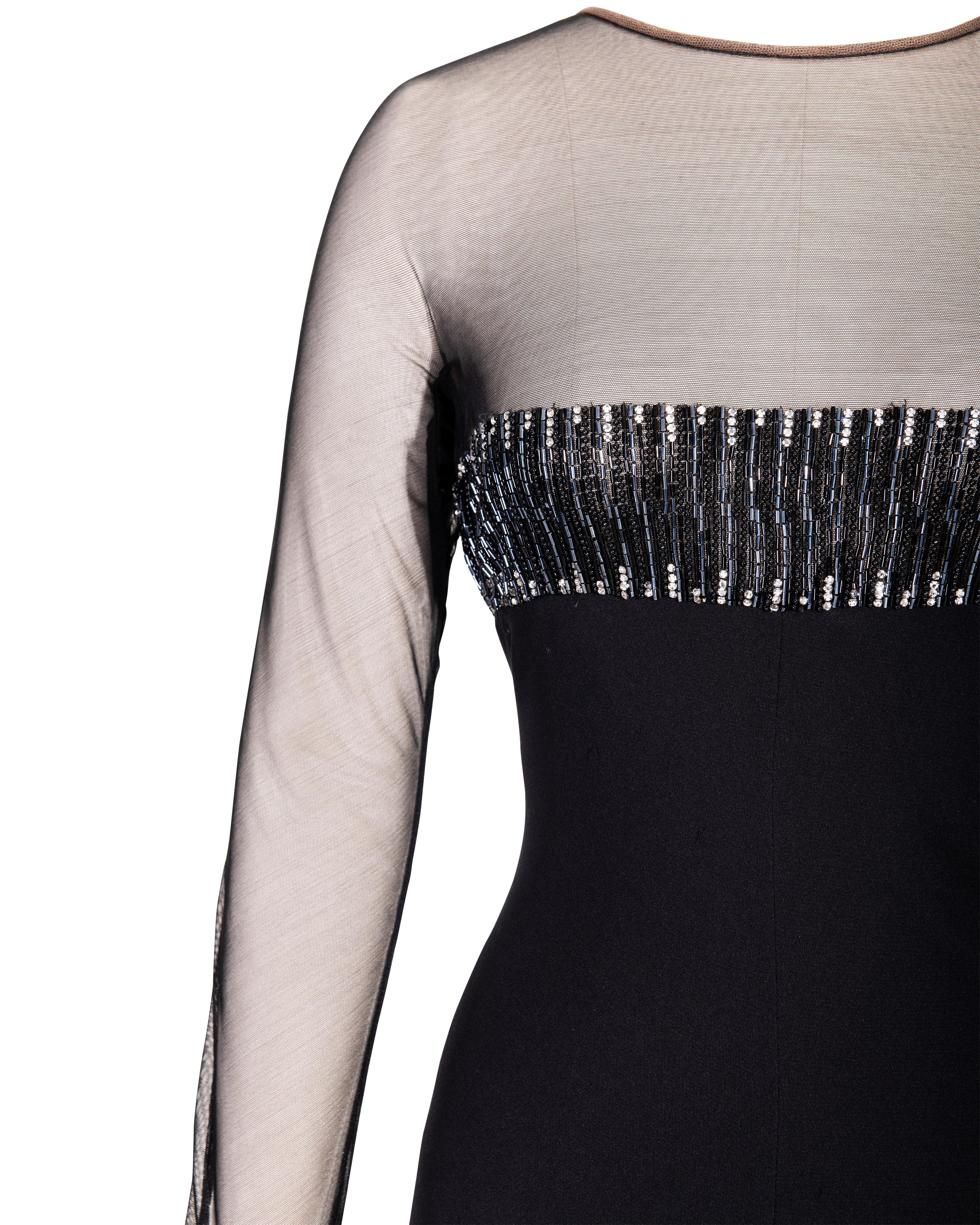 c. 1999 Valentino (Attributed) Black Long Sleeve Embellished Silk and Mesh Gown 1