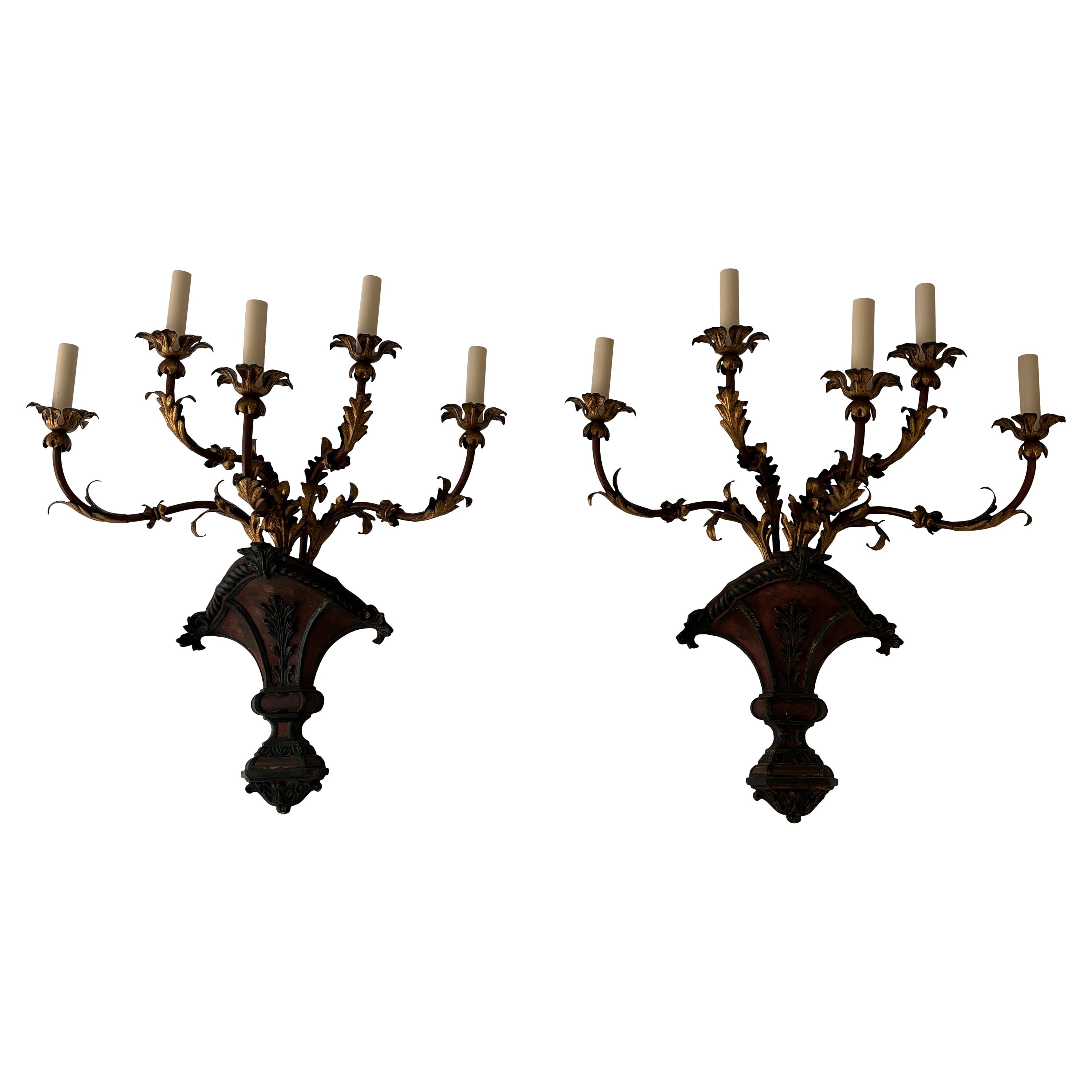 c 19th Italian Tuscan Wood Gold & Red Tole 5 Lights Sconces Rare Huge Florentine For Sale