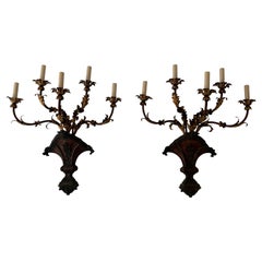 c 19th Italian Tuscan Wood Gold & Red Tole 5 Lights Sconces Rare Huge Florentine