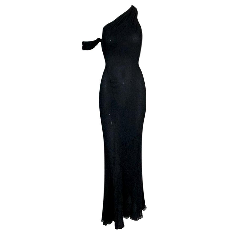 F/W 2002 Gianni Versace Semi-Sheer Black Silk One Shoulder Gown Dress ...