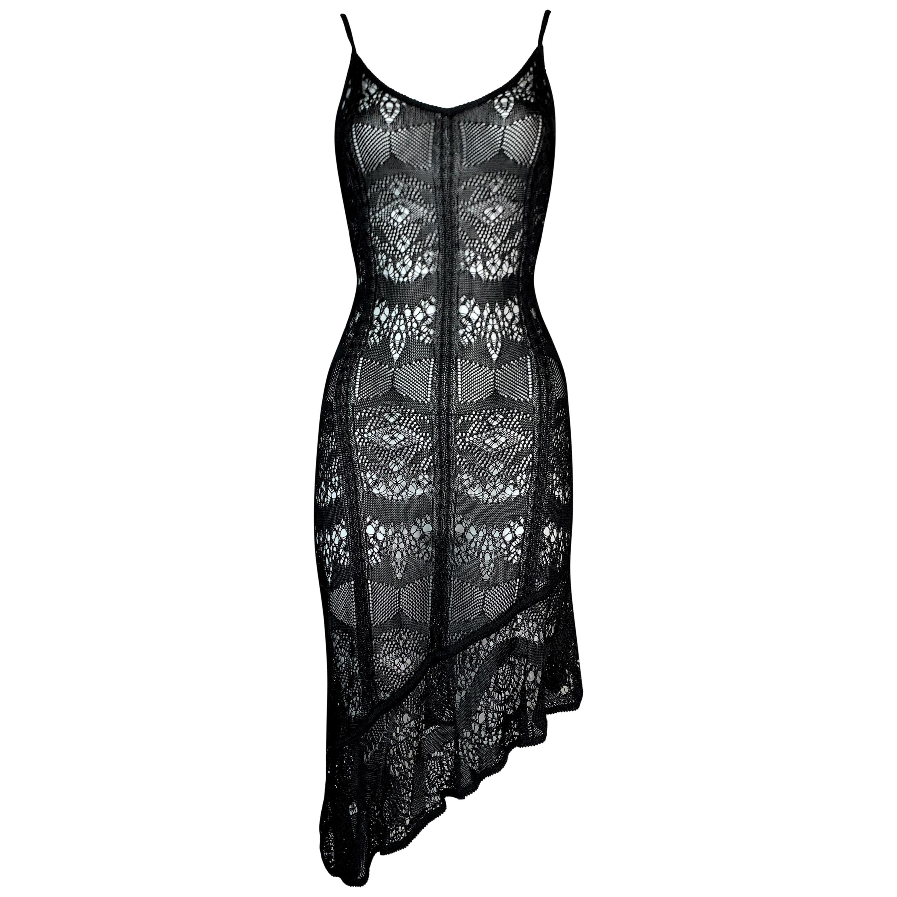 C. 2000 John Galliano Sheer Black Lace Knit Asymmetrical Bodycon Dress